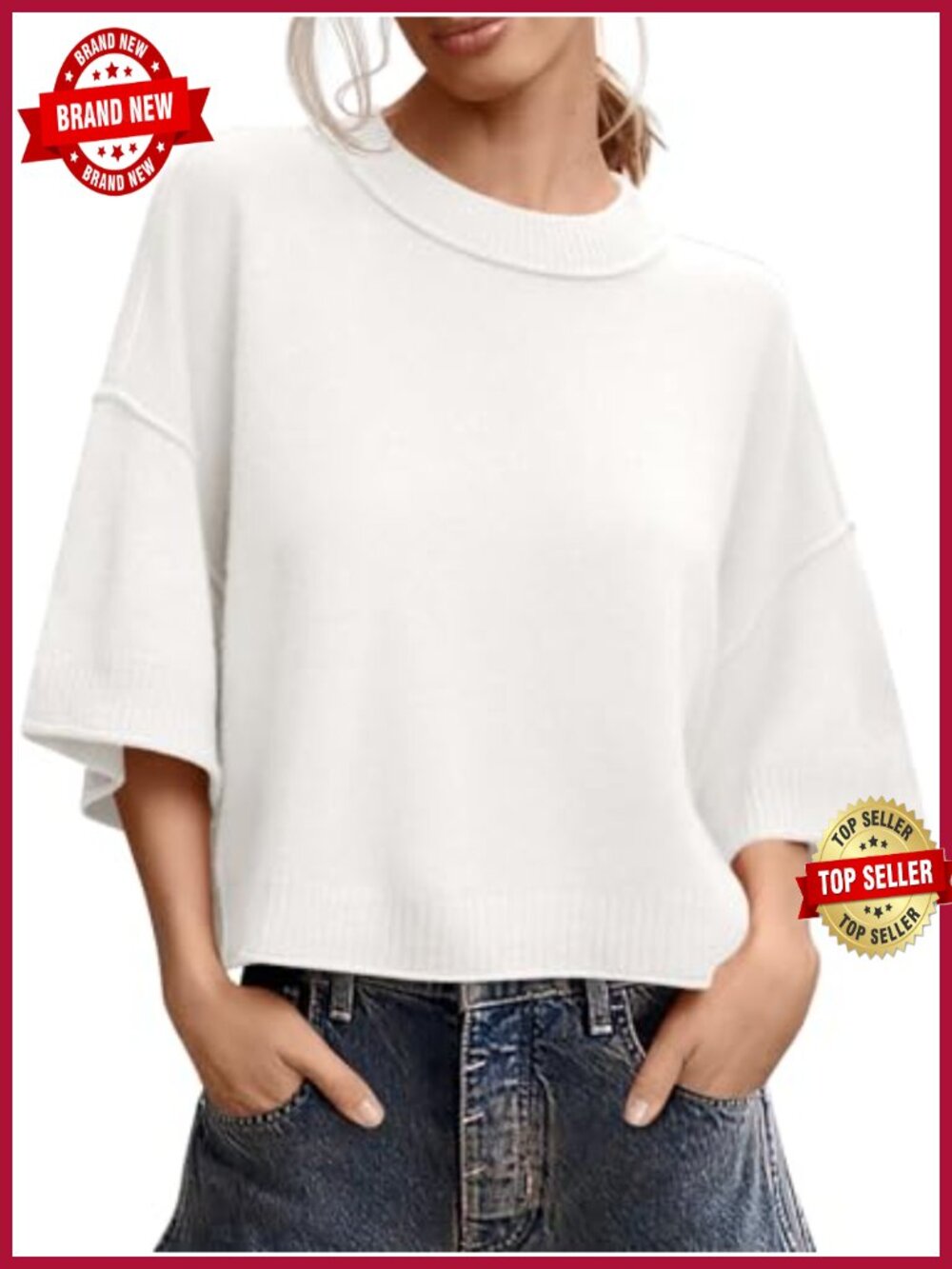 Saodimallsu Women's Oversized Cropped Short Sleeve Knit Sweater Top
